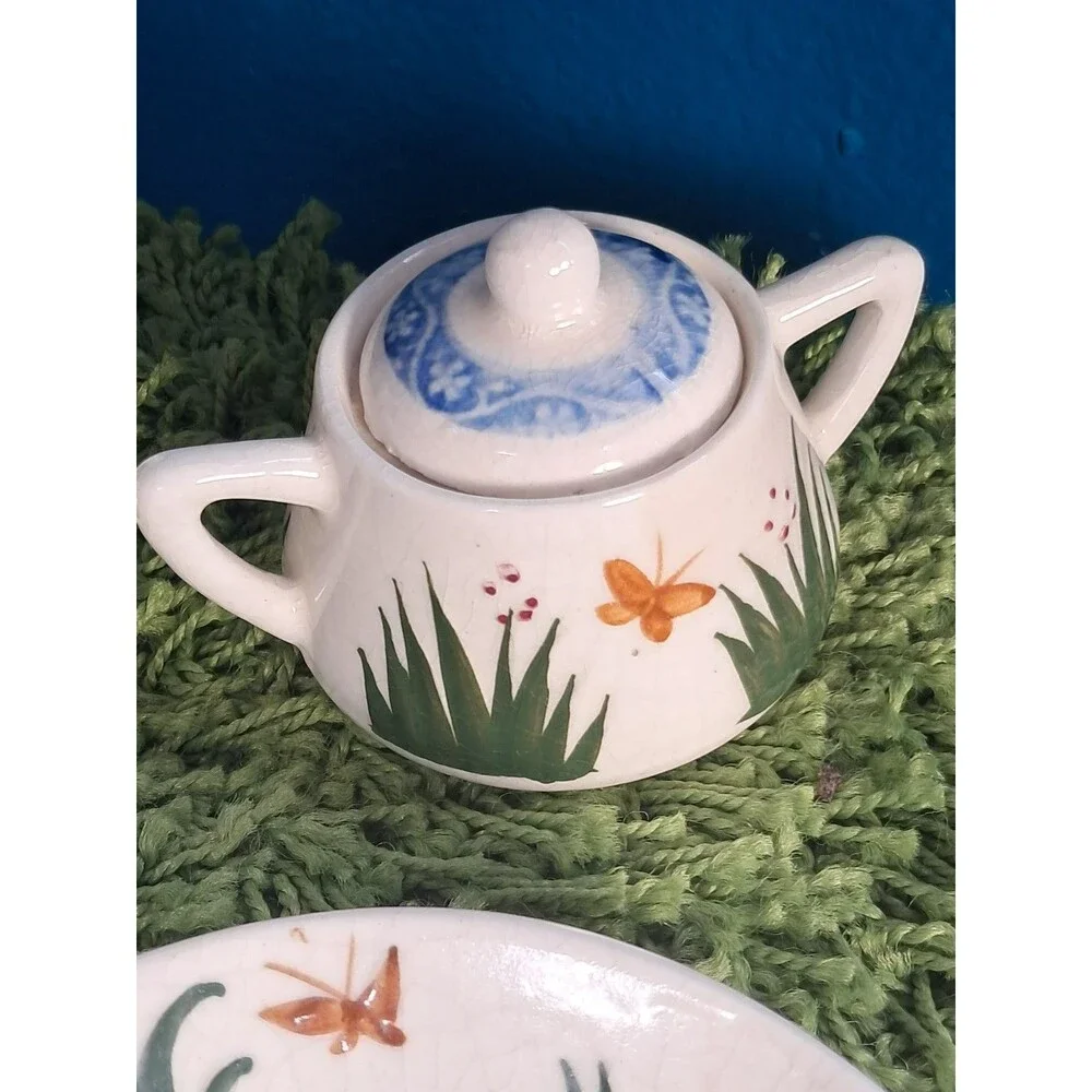 Antique 1920's Cat Tea Set Childs Majolica Tea Pot Saucers Sugar Ceramic